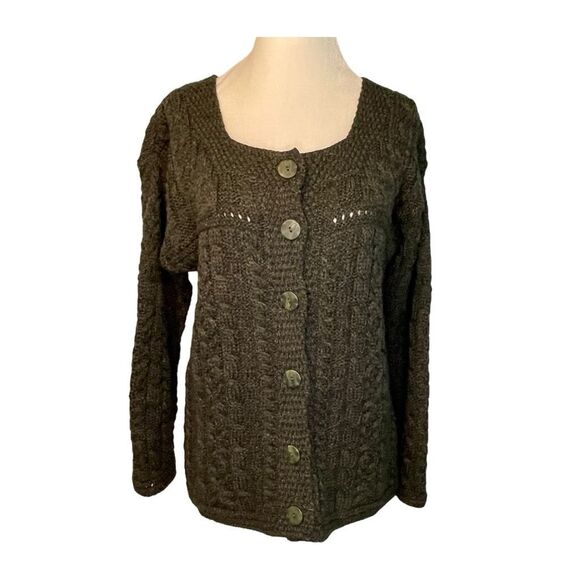 Aran Crafts Ireland Merino Wool Cable Knit Cardigan Sweater Hunter Green S - Picture 1 of 7
